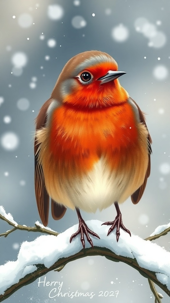 A Christmas robin drawing with red breast on a snowy branch, surrounded by falling snowflakes.